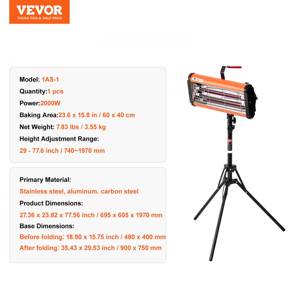 VEVOR Lámpara de curado por infrarrojos, uso dual de mano/soporte, temporización de 2000 W 0-90 min, luz de curado para coche con calefacción automática con soporte, calentadores de cabina de horneado en aerosol de 3,55 pies cuadrados, secador de pintura para reparación in situ