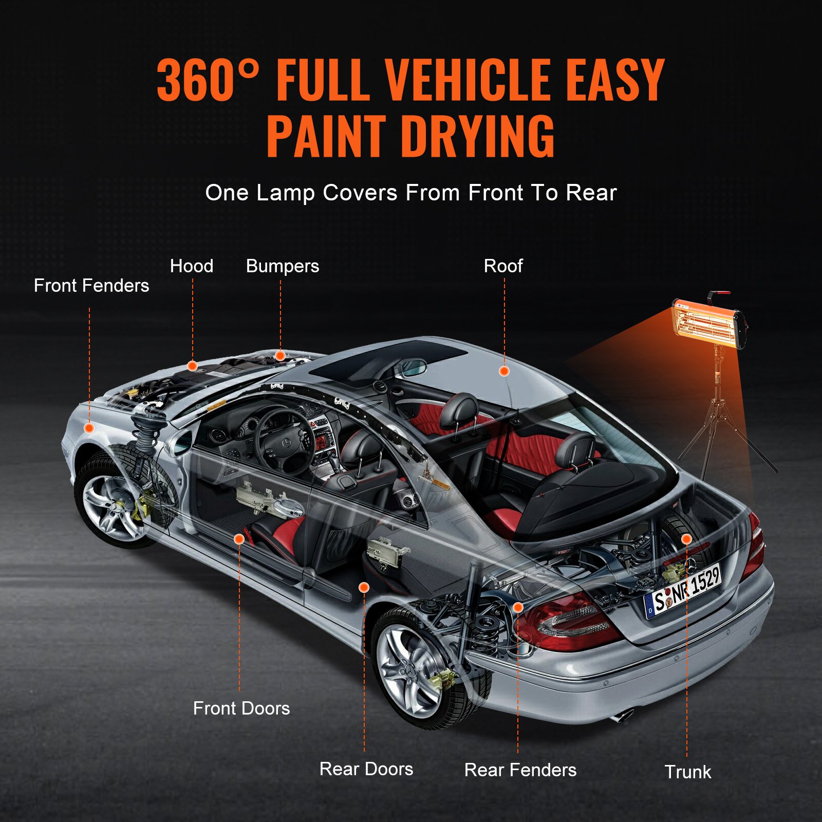 VEVOR Lámpara de curado por infrarrojos, uso dual de mano/soporte, temporización de 2000 W 0-90 min, luz de curado para coche con calefacción automática con soporte, calentadores de cabina de horneado en aerosol de 3,55 pies cuadrados, secador de pintura para reparación in situ