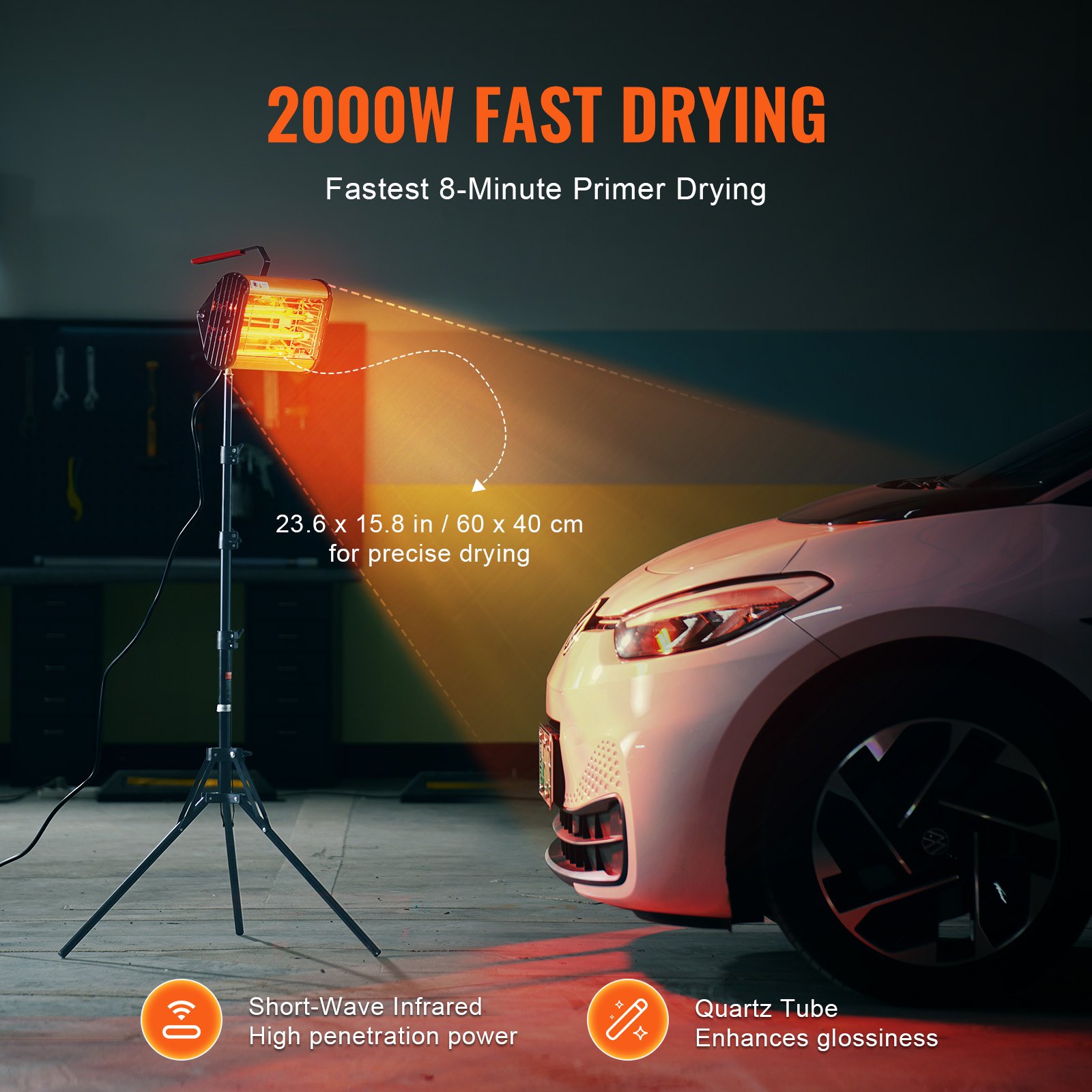 VEVOR Lámpara de curado por infrarrojos, uso dual de mano/soporte, temporización de 2000 W 0-90 min, luz de curado para coche con calefacción automática con soporte, calentadores de cabina de horneado en aerosol de 3,55 pies cuadrados, secador de pintura para reparación in situ