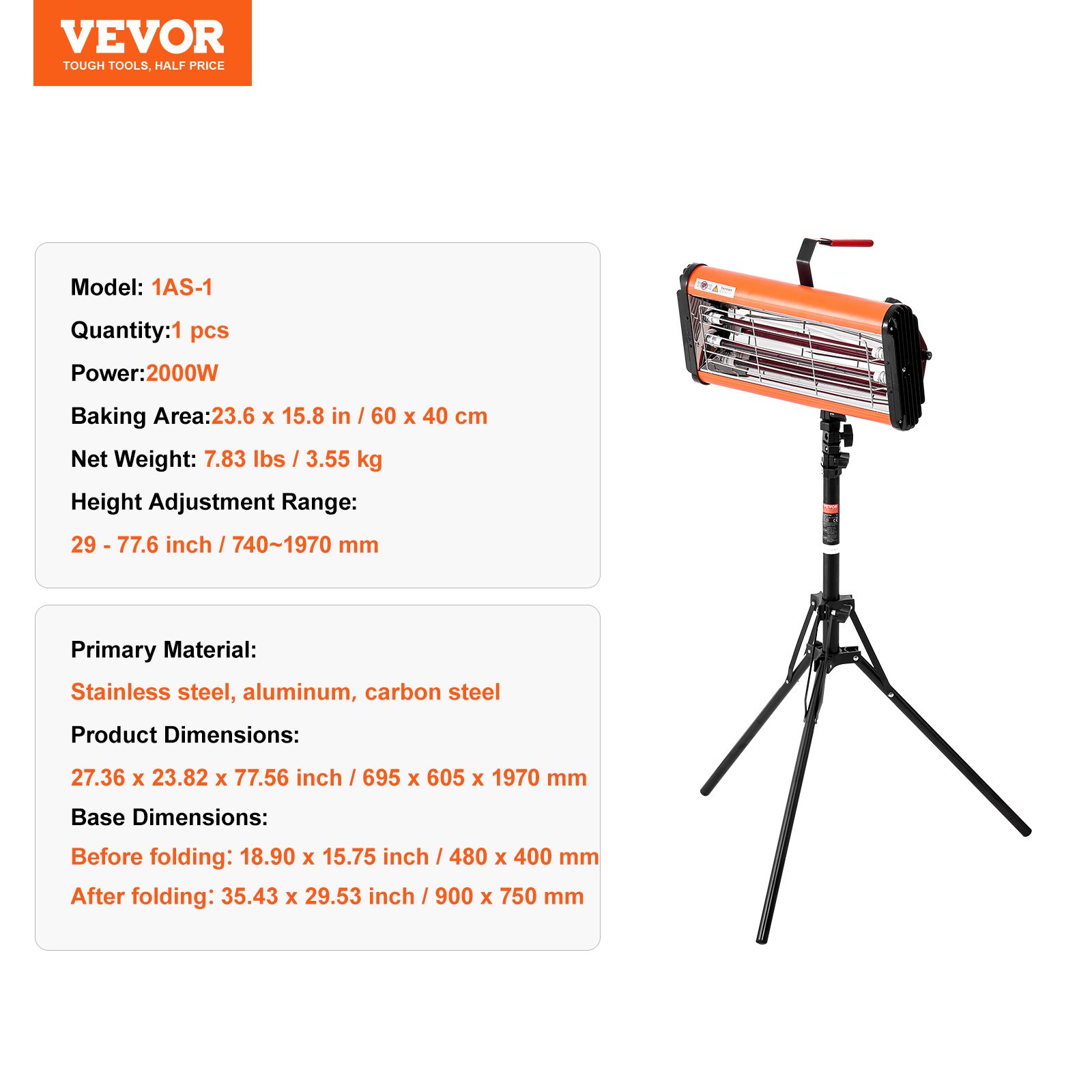 VEVOR Lámpara de curado por infrarrojos, uso dual de mano/soporte, temporización de 2000 W 0-90 min, luz de curado para coche con calefacción automática con soporte, calentadores de cabina de horneado en aerosol de 3,55 pies cuadrados, secador de pintura para reparación in situ