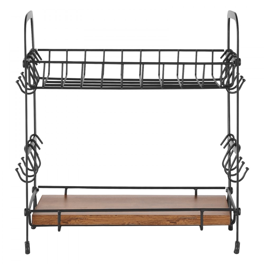 VEVOR Organizador Multifuncional de Barra de Café de 2 Niveles para Encimera, 12 Ganchos Móviles y 2 Estantes para Almacenamiento y Exhibición, Oficina en Casa(Negro Mate), 322 x 172 x 356 mm