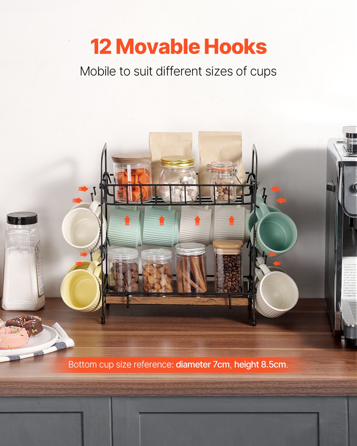 VEVOR Organizador Multifuncional de Barra de Café de 2 Niveles para Encimera, 12 Ganchos Móviles y 2 Estantes para Almacenamiento y Exhibición, Oficina en Casa(Negro Mate), 322 x 172 x 356 mm