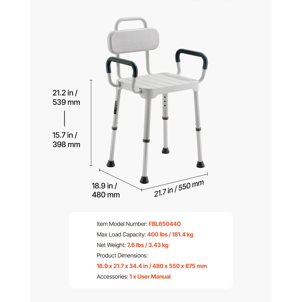 VEVOR Silla de Ducha con Reposabrazos y Respaldo, Altura de 6 Niveles, Capacidad de 181,4 kg, Estructura de Aluminio, con Patas Antideslizantes, para Personas Mayores, Discapacitadas, Lesionadas