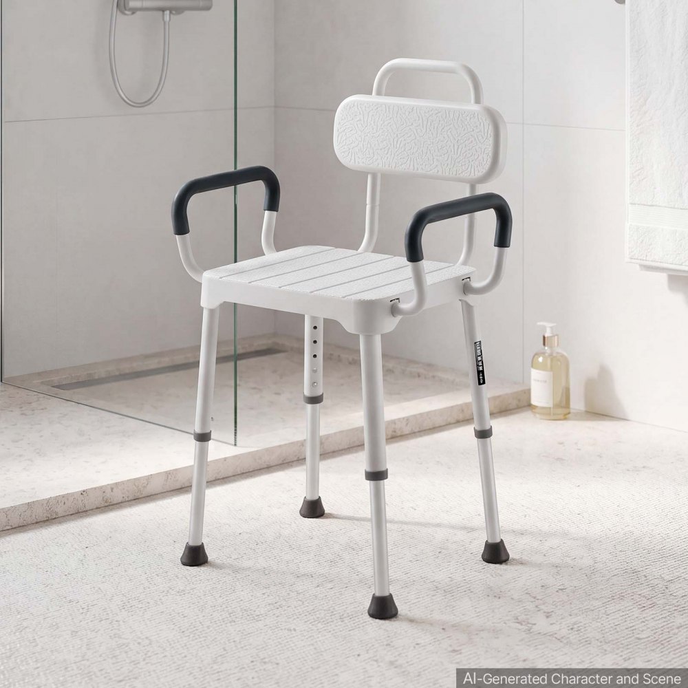 VEVOR Silla de Ducha con Reposabrazos y Respaldo, Altura de 6 Niveles, Capacidad de 181,4 kg, Estructura de Aluminio, con Patas Antideslizantes, para Personas Mayores, Discapacitadas, Lesionadas