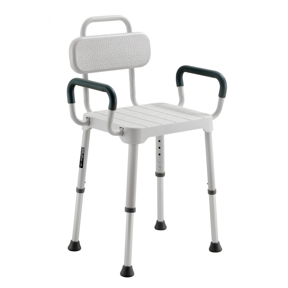 VEVOR Silla de Ducha con Reposabrazos y Respaldo, Altura de 6 Niveles, Capacidad de 181,4 kg, Estructura de Aluminio, con Patas Antideslizantes, para Personas Mayores, Discapacitadas, Lesionadas