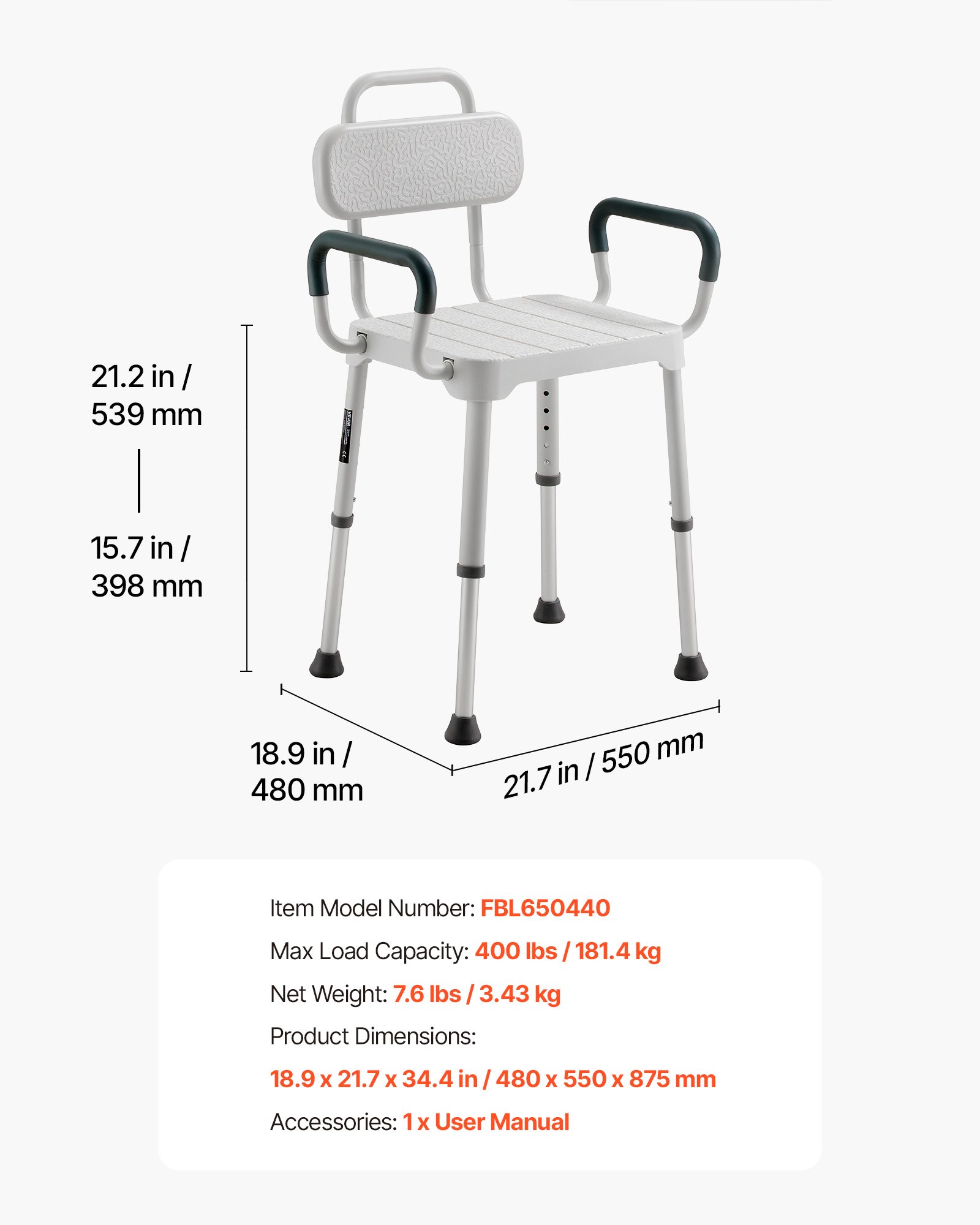 VEVOR Silla de Ducha con Reposabrazos y Respaldo, Altura de 6 Niveles, Capacidad de 181,4 kg, Estructura de Aluminio, con Patas Antideslizantes, para Personas Mayores, Discapacitadas, Lesionadas