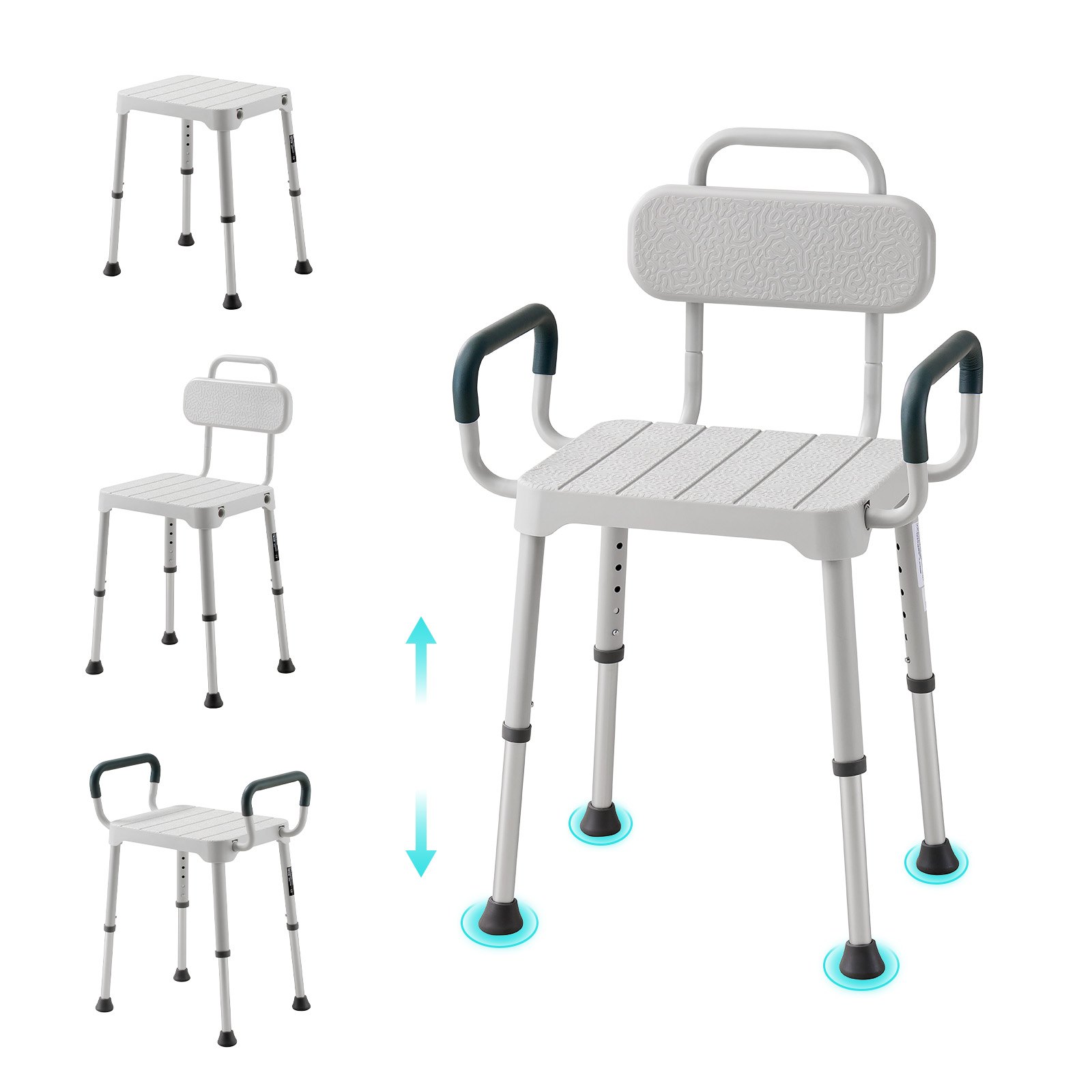 VEVOR Silla de Ducha con Reposabrazos y Respaldo, Altura de 6 Niveles, Capacidad de 181,4 kg, Estructura de Aluminio, con Patas Antideslizantes, para Personas Mayores, Discapacitadas, Lesionadas