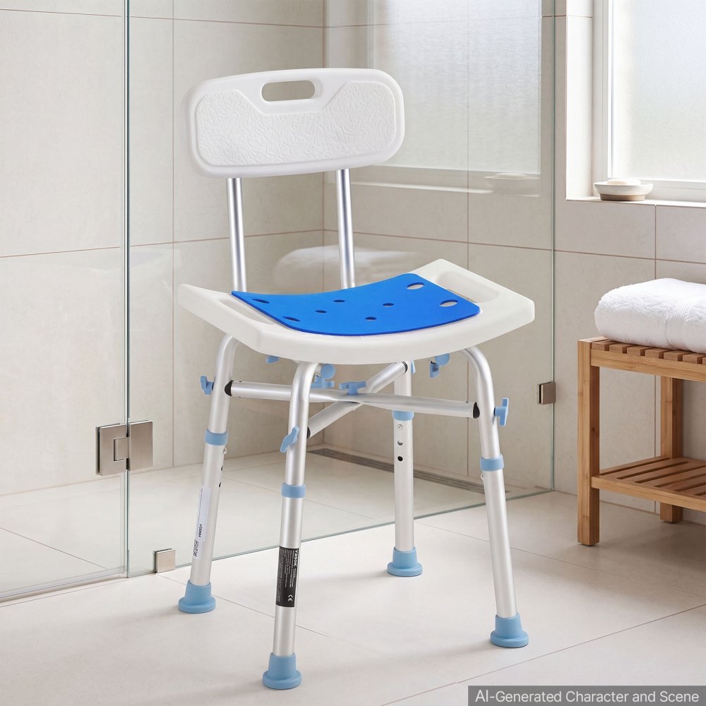VEVOR Silla de Ducha con Respaldo, Asiento para Baño, Altura de 3 Niveles, Capacidad de 226,8 kg, Estructura de Aluminio, con Patas Antideslizantes, para Personas Mayores, Discapacitadas, Lesionadas