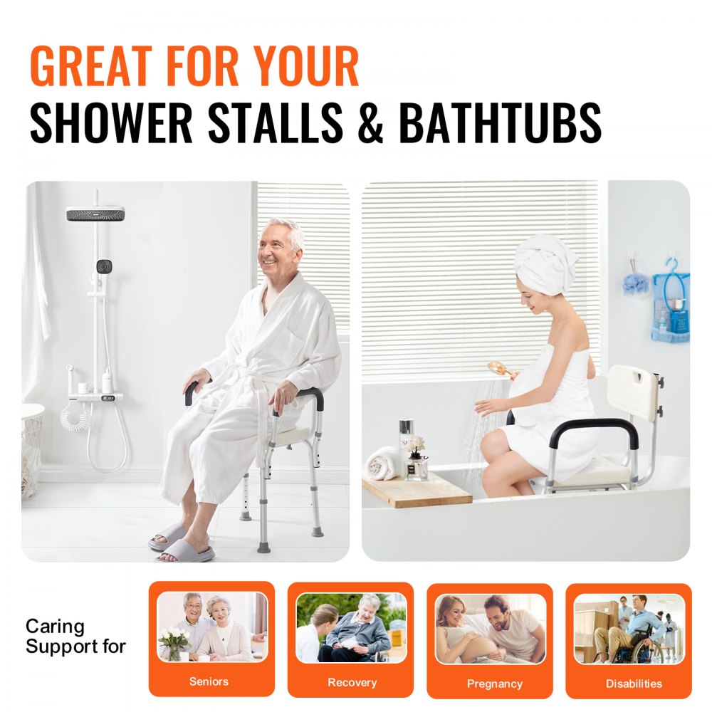 VEVOR Shower Stool/Chair, Height Adjustable 390-520 mm, Bathroom Stool/Seat, 158.8 kg Load Capacity, Sturdy Shower Stool/Shower Aid/Bathtub Grab Bar, Aluminum Alloy Frame, White Shower Seat