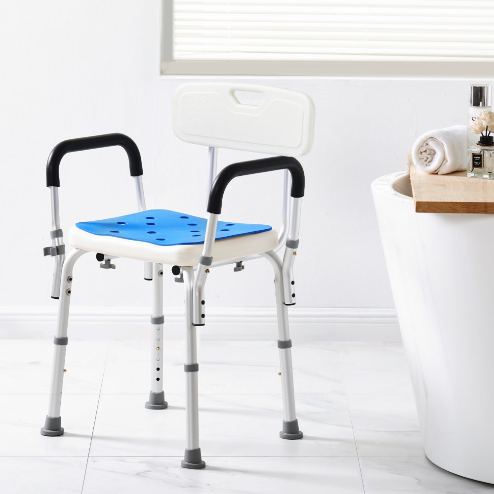 VEVOR Silla de Ducha Antideslizante Asiento de Ducha Carga de 181,4 kg con Respaldo Reposabrazos Silla de Baño Altura Ajustable para Bañera de Ducha Interior para Ancianos, Mujeres Embarazadas
