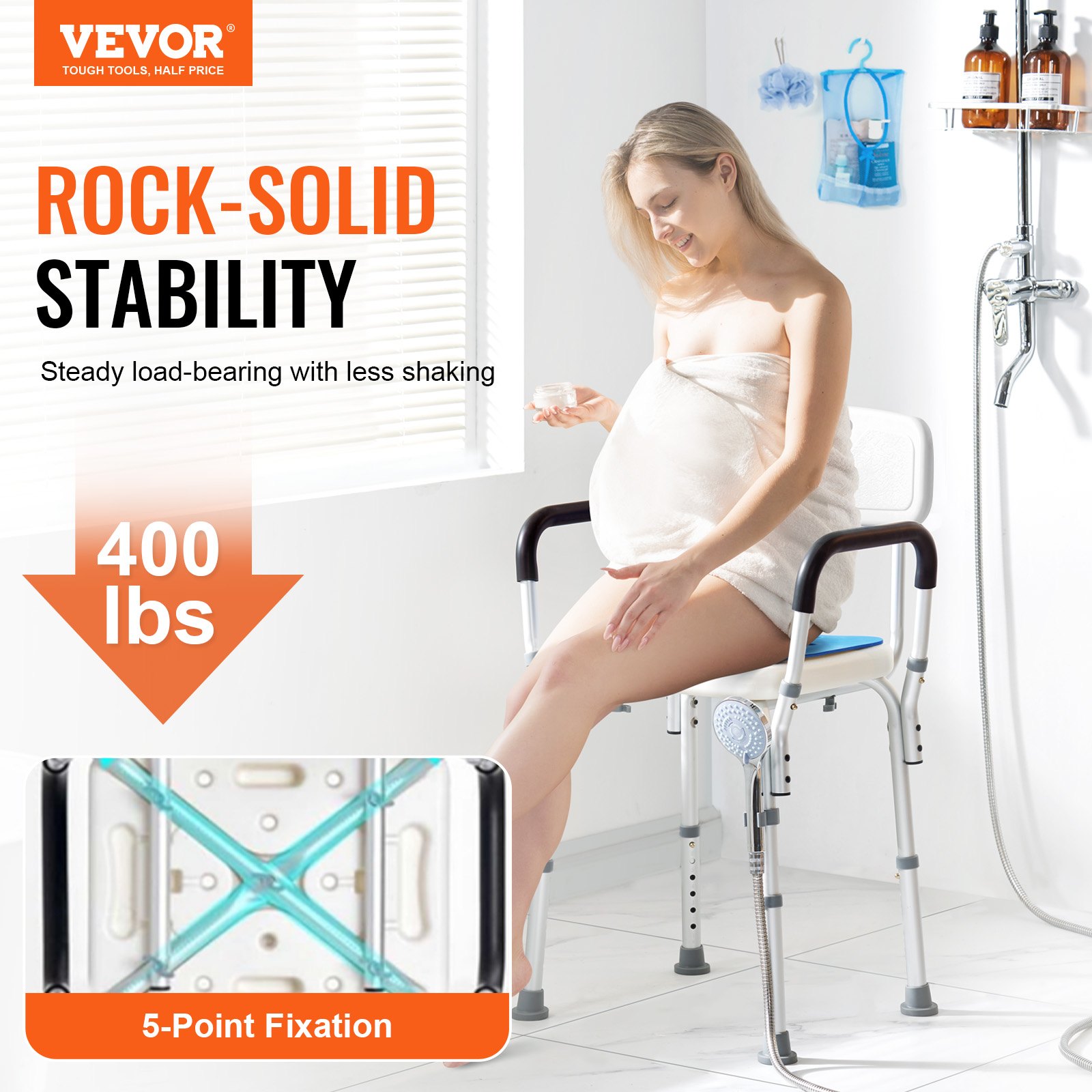 VEVOR Silla de Ducha Antideslizante Asiento de Ducha Carga de 181,4 kg con Respaldo Reposabrazos Silla de Baño Altura Ajustable para Bañera de Ducha Interior para Ancianos, Mujeres Embarazadas
