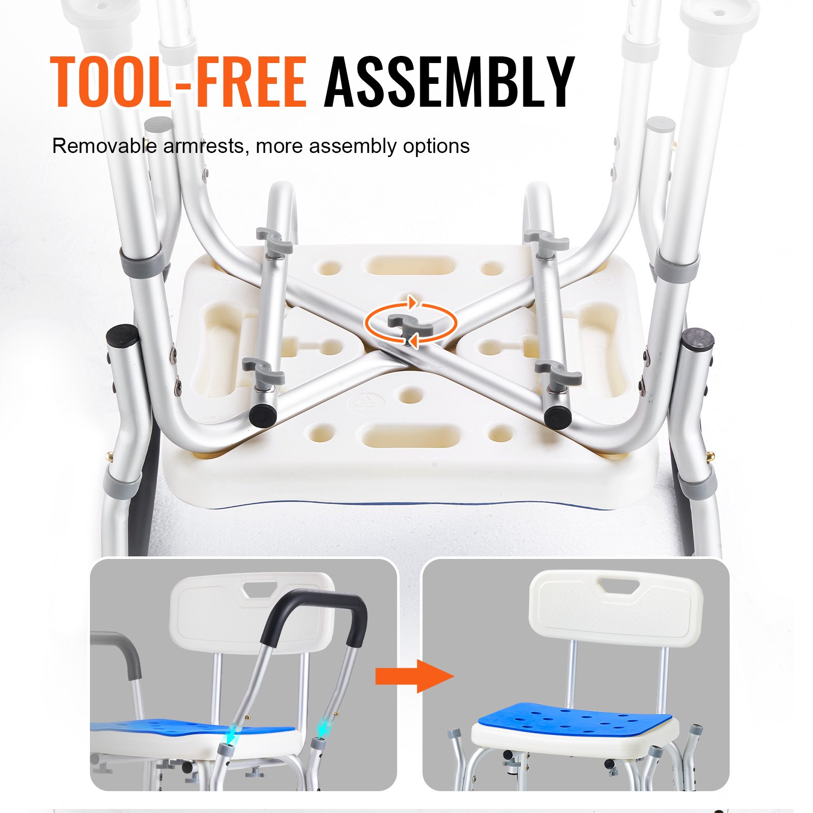 VEVOR Shower Chair, Shower Seat, Load Capacity 181.4 kg, Shower Stool with Armrests & Backrest, Shower Chair for Indoor Showers, Height-Adjustable Bath Chair for the Elderly and Disabled