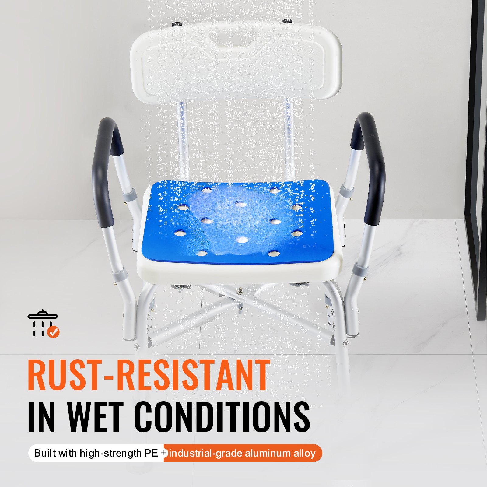 VEVOR Silla de Ducha Antideslizante Asiento de Ducha Carga de 181,4 kg con Barra Transversal Silla de Baño Altura Ajustable para Bañera de Ducha Interior para Ancianos, Mujeres Embarazadas