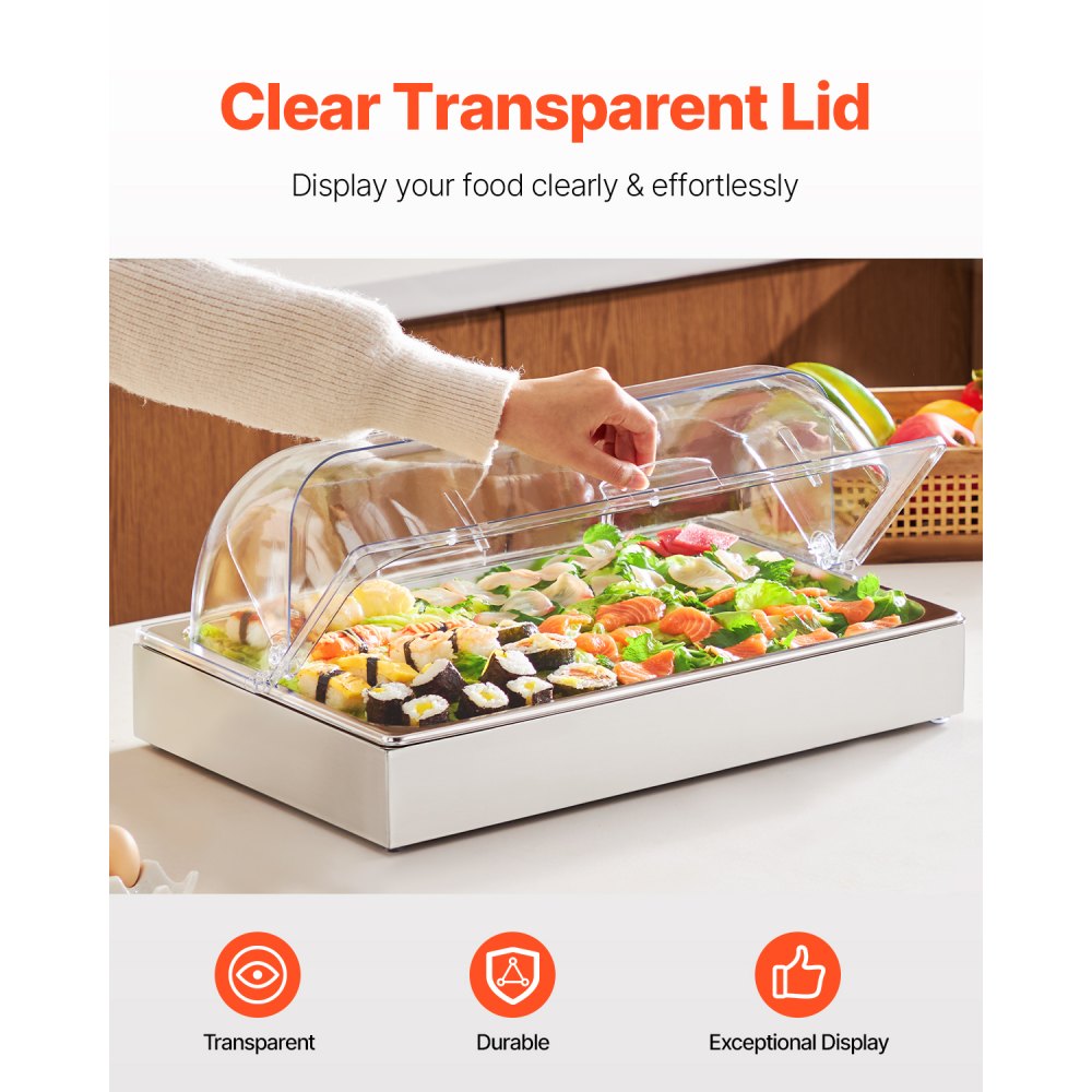 VEVOR Contenedor de Exhibición para Servir Alimentos sobre Encimera, de Acero Inoxidable, con Tapa Transparente y 3 Bandejas de Hielo, para Restaurante, Hotel, Cocina, Fiesta, 546 x 365 x 245 mm