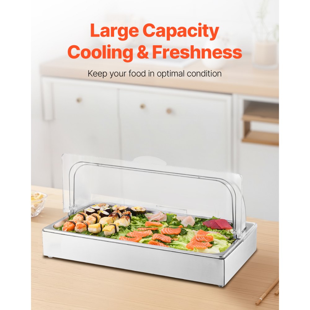 VEVOR Contenedor de Exhibición para Servir Alimentos sobre Encimera, de Acero Inoxidable, con Tapa Transparente y 3 Bandejas de Hielo, para Restaurante, Hotel, Cocina, Fiesta, 546 x 365 x 245 mm