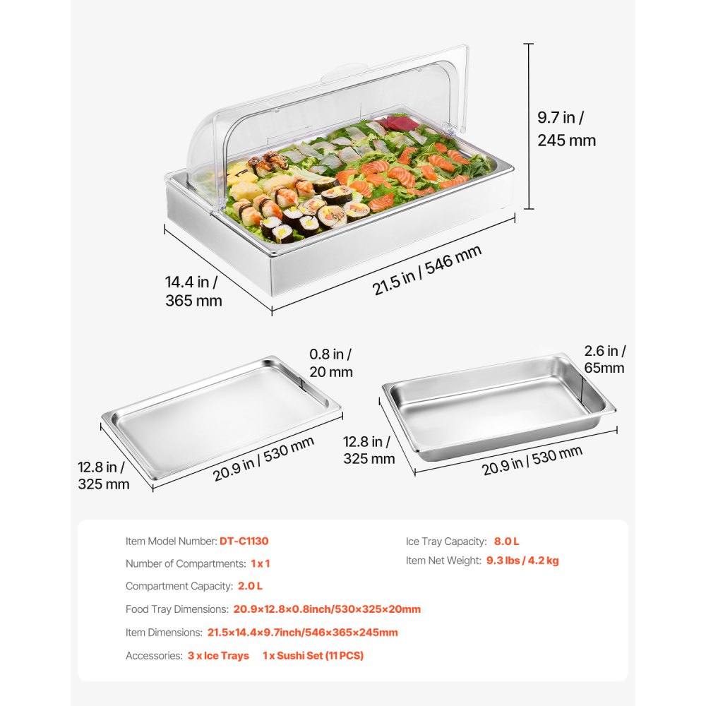 VEVOR Contenedor de Exhibición para Servir Alimentos sobre Encimera, de Acero Inoxidable, con Tapa Transparente y 3 Bandejas de Hielo, para Restaurante, Hotel, Cocina, Fiesta, 546 x 365 x 245 mm