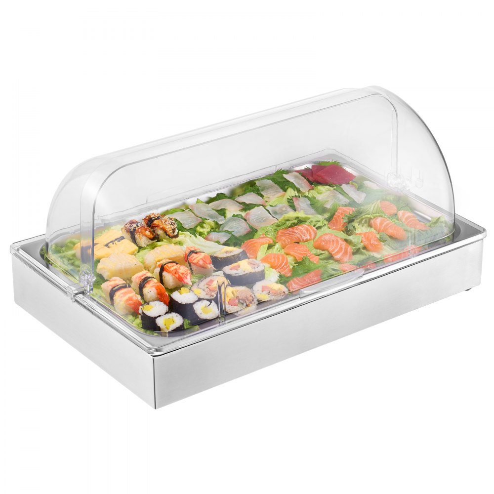 VEVOR Contenedor de Exhibición para Servir Alimentos sobre Encimera, de Acero Inoxidable, con Tapa Transparente y 3 Bandejas de Hielo, para Restaurante, Hotel, Cocina, Fiesta, 546 x 365 x 245 mm