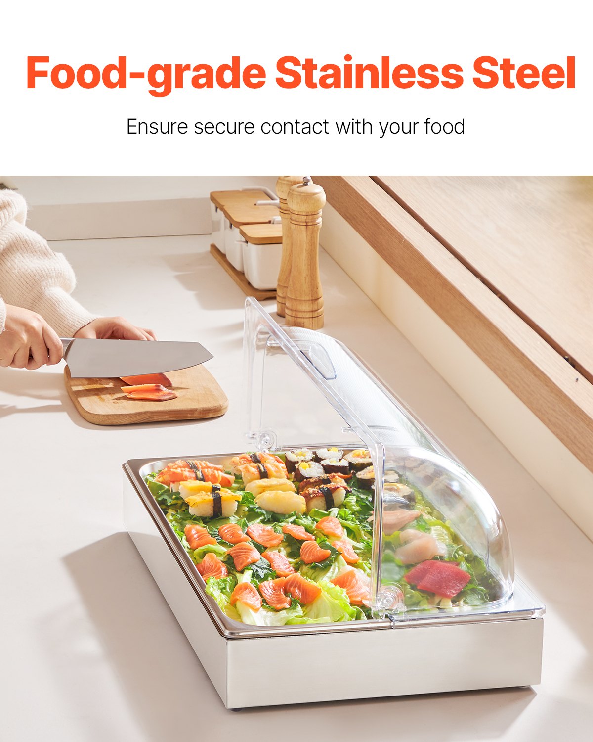 VEVOR Contenedor de Exhibición para Servir Alimentos sobre Encimera, de Acero Inoxidable, con Tapa Transparente y 3 Bandejas de Hielo, para Restaurante, Hotel, Cocina, Fiesta, 546 x 365 x 245 mm