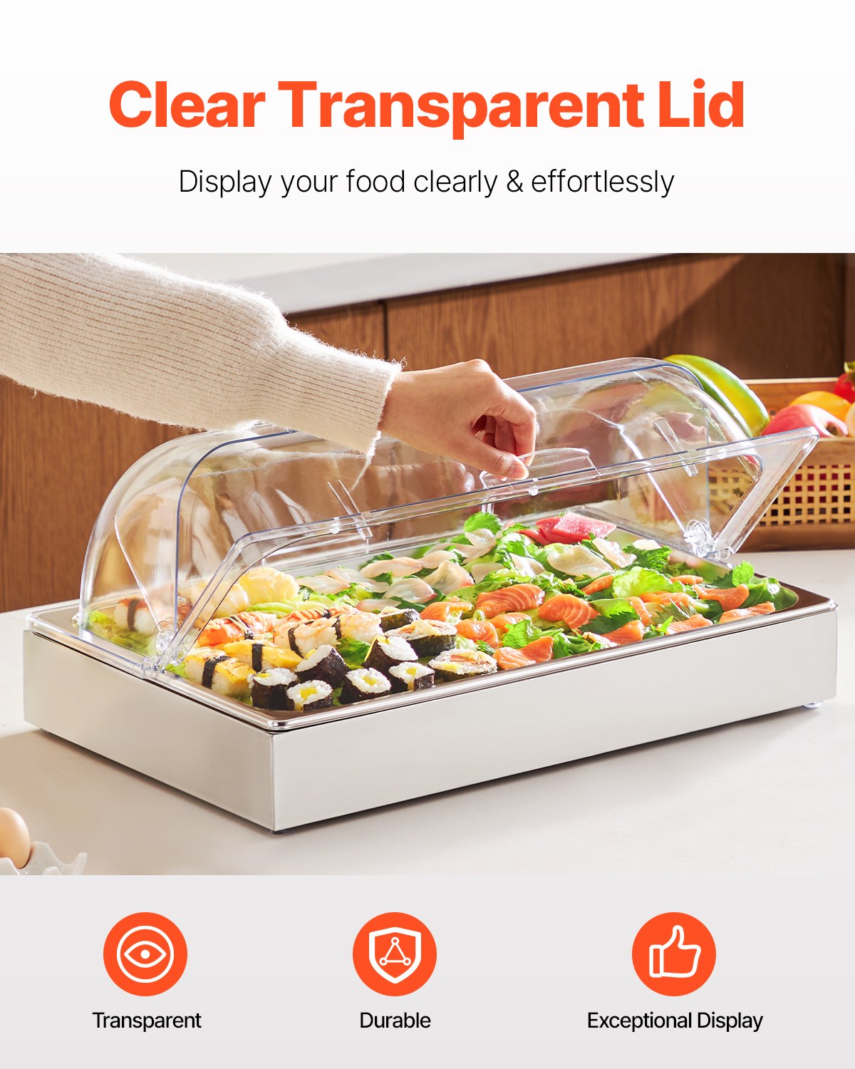 VEVOR Contenedor de Exhibición para Servir Alimentos sobre Encimera, de Acero Inoxidable, con Tapa Transparente y 3 Bandejas de Hielo, para Restaurante, Hotel, Cocina, Fiesta, 546 x 365 x 245 mm