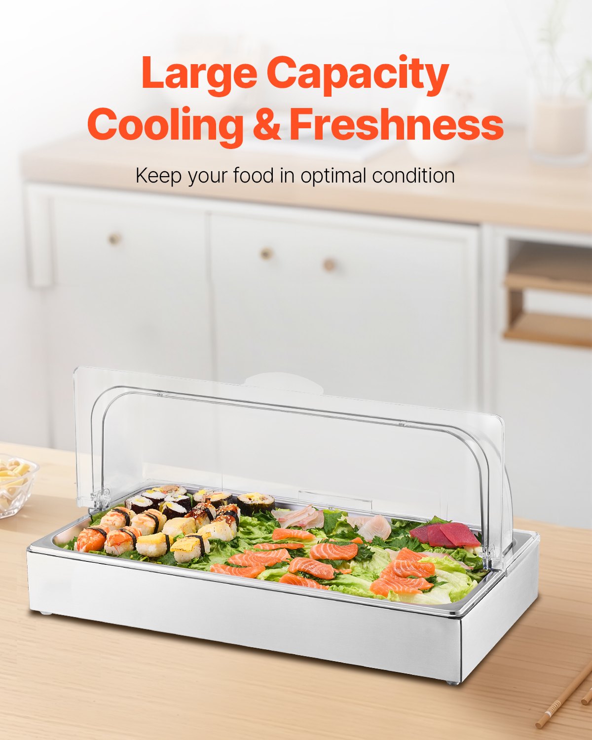 VEVOR Contenedor de Exhibición para Servir Alimentos sobre Encimera, de Acero Inoxidable, con Tapa Transparente y 3 Bandejas de Hielo, para Restaurante, Hotel, Cocina, Fiesta, 546 x 365 x 245 mm