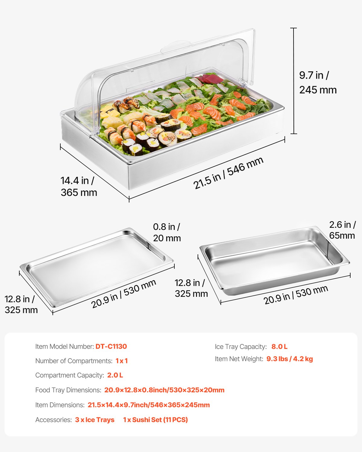 VEVOR Contenedor de Exhibición para Servir Alimentos sobre Encimera, de Acero Inoxidable, con Tapa Transparente y 3 Bandejas de Hielo, para Restaurante, Hotel, Cocina, Fiesta, 546 x 365 x 245 mm