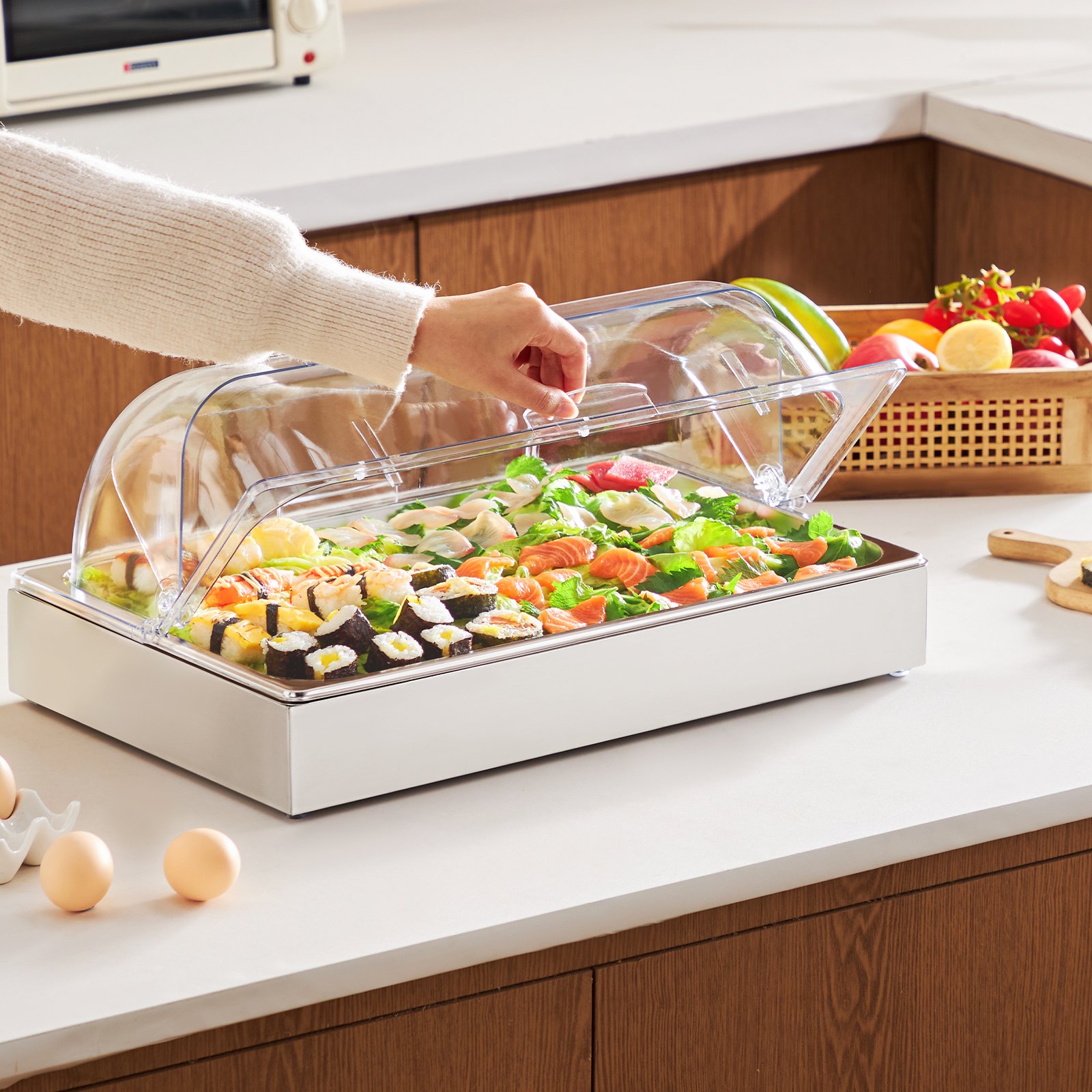VEVOR Contenedor de Exhibición para Servir Alimentos sobre Encimera, de Acero Inoxidable, con Tapa Transparente y 3 Bandejas de Hielo, para Restaurante, Hotel, Cocina, Fiesta, 546 x 365 x 245 mm