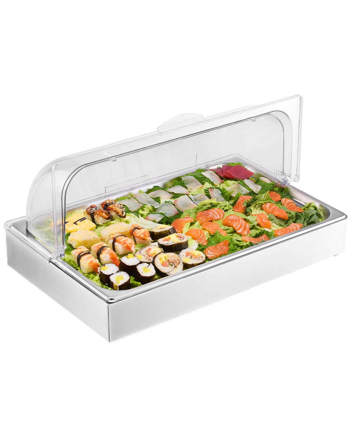 VEVOR Contenedor de Exhibición para Servir Alimentos sobre Encimera, de Acero Inoxidable, con Tapa Transparente y 3 Bandejas de Hielo, para Restaurante, Hotel, Cocina, Fiesta, 546 x 365 x 245 mm