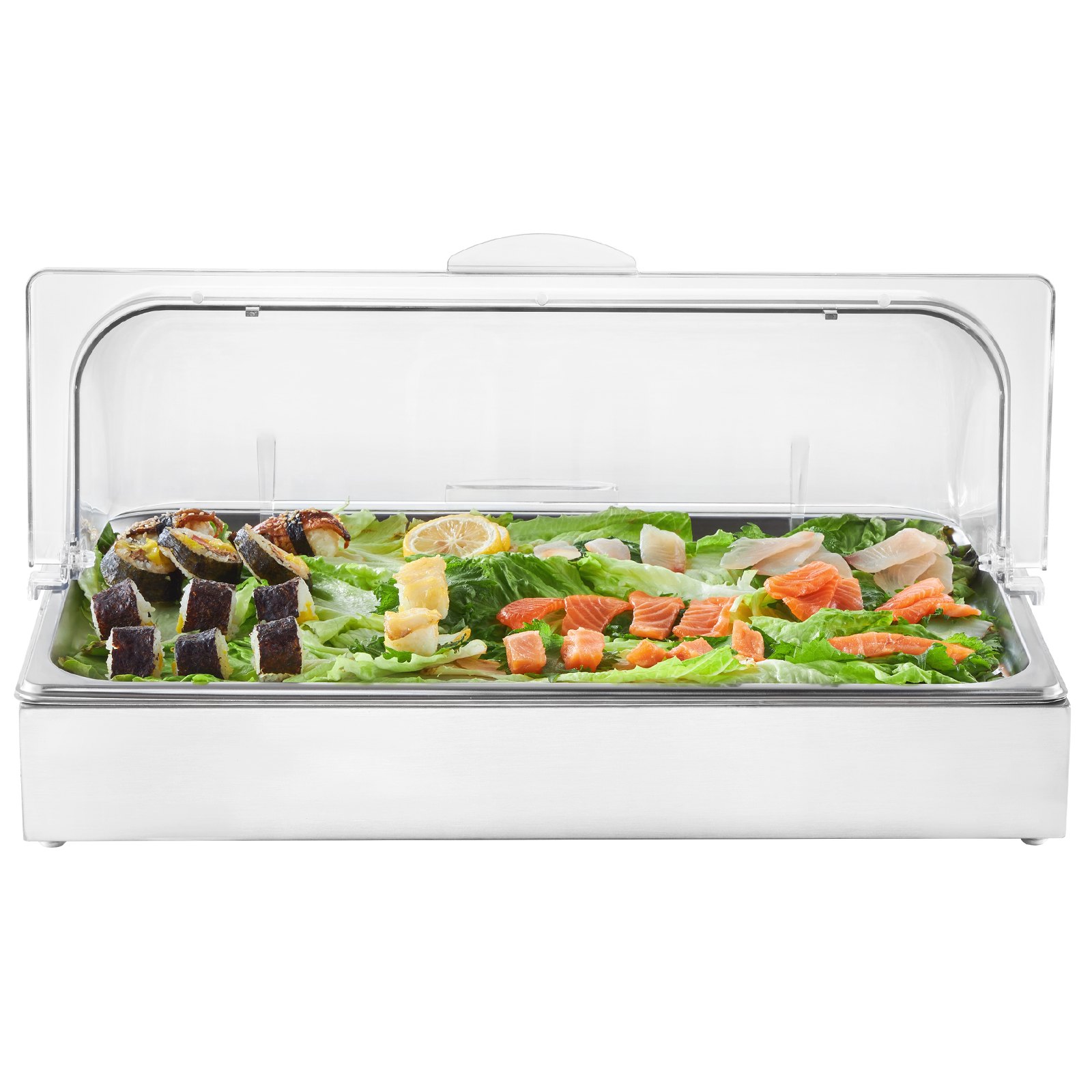 VEVOR Contenedor de Exhibición para Servir Alimentos sobre Encimera, de Acero Inoxidable, con Tapa Transparente y 3 Bandejas de Hielo, para Restaurante, Hotel, Cocina, Fiesta, 546 x 365 x 245 mm