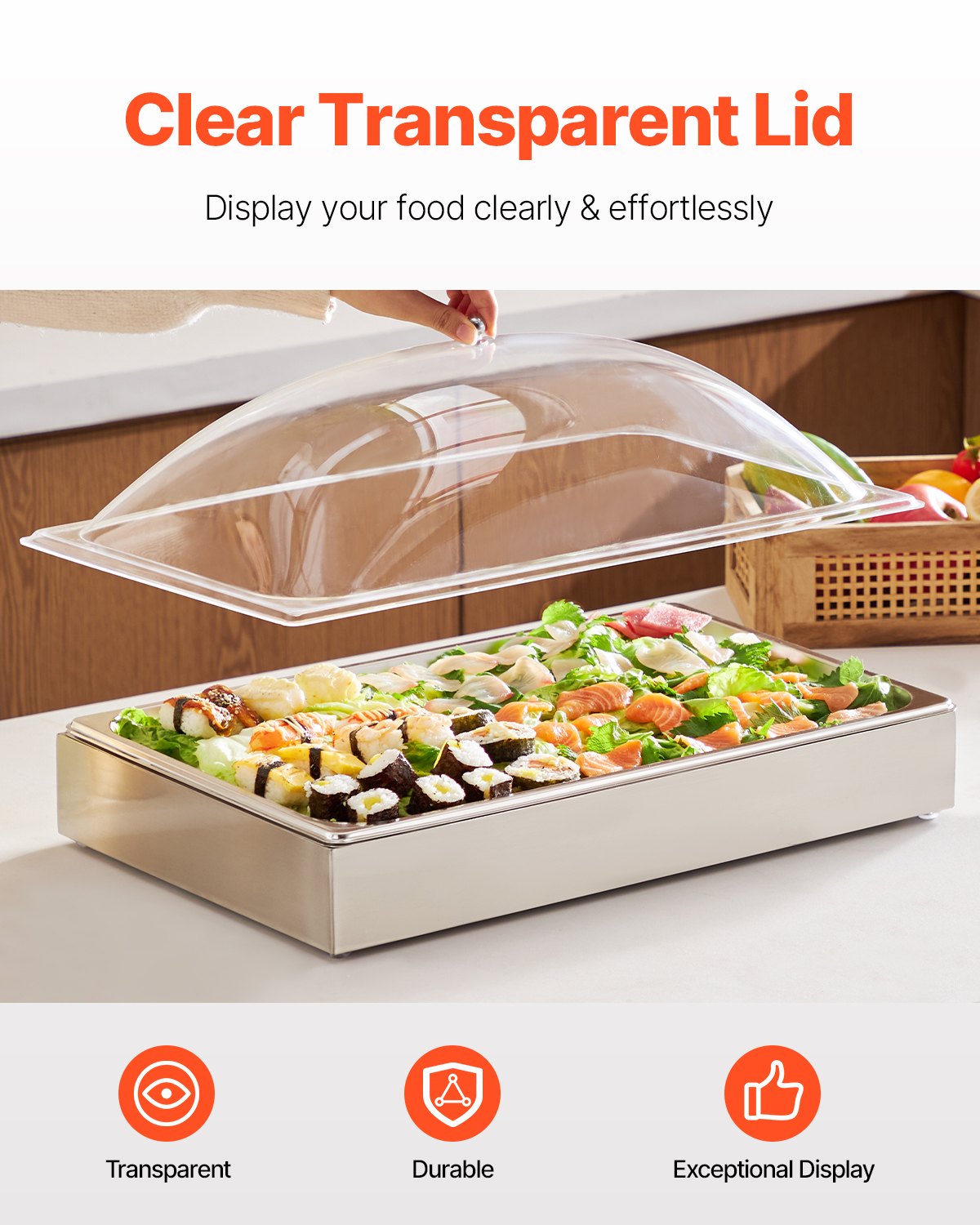 VEVOR Serving Container Buffet Container Gastronorm Container made of stainless steel (1 container), presentation stand with transparent arched lid & 3 ice cube trays for restaurant hotel kitchen