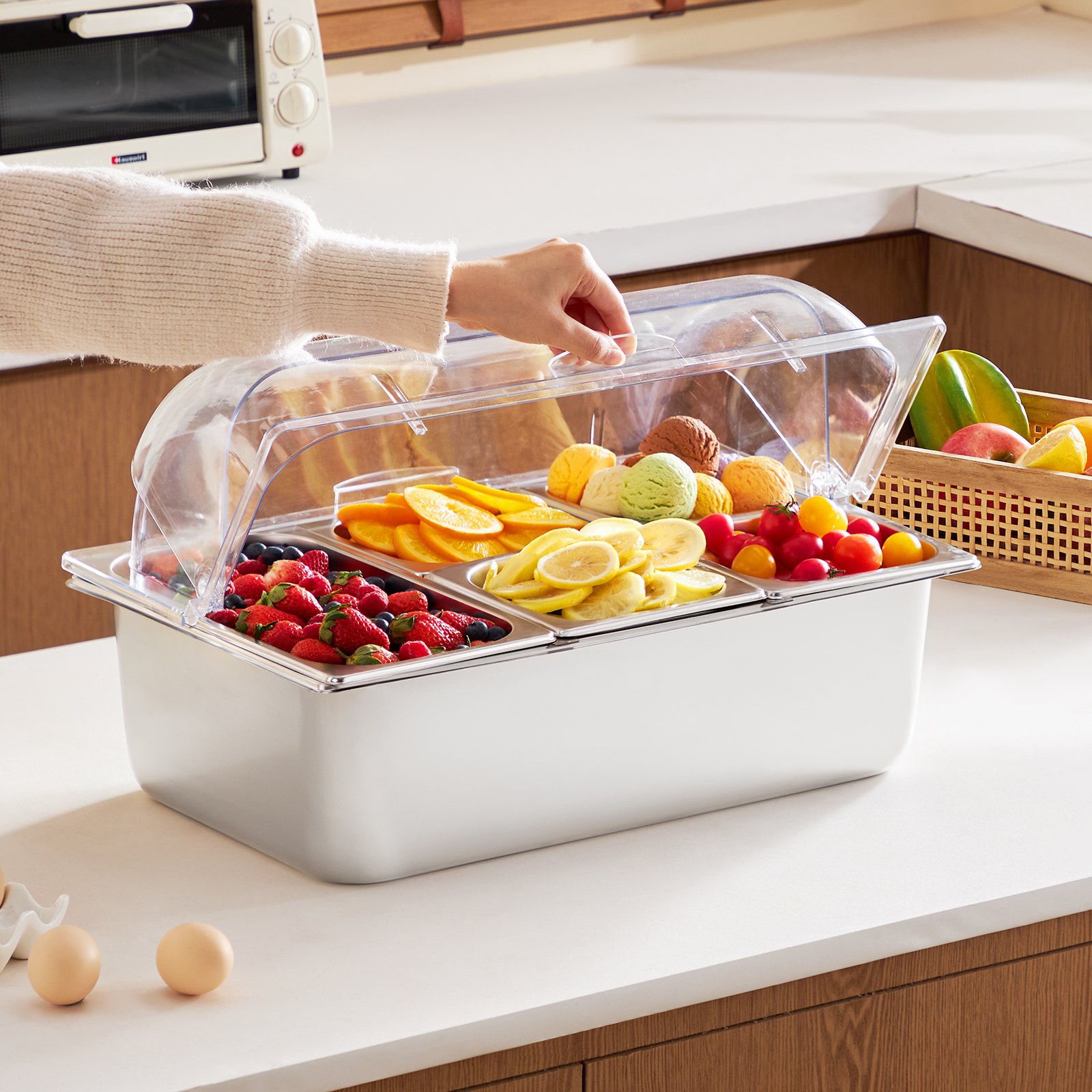 VEVOR Contenedor de Exhibición para Servir Alimentos sobre Encimera, Acero Inoxidable, con 5 Bandejas, con Tapa Transparente y 3 Cajas para Congelador, para Cocina, Fiesta, 546 x 365 x 310 mm