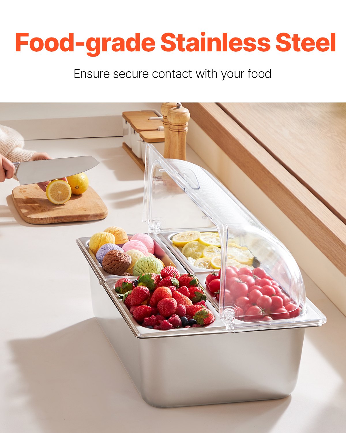 VEVOR Side Dish Containers, Ingredient Containers, Gastronorm Containers made of Stainless Steel (4 x 1/4 Containers), Presentation Stand, Buffet Spice Dispenser with Transparent Lid for Restaurant, Hotel, Kitchen, Party