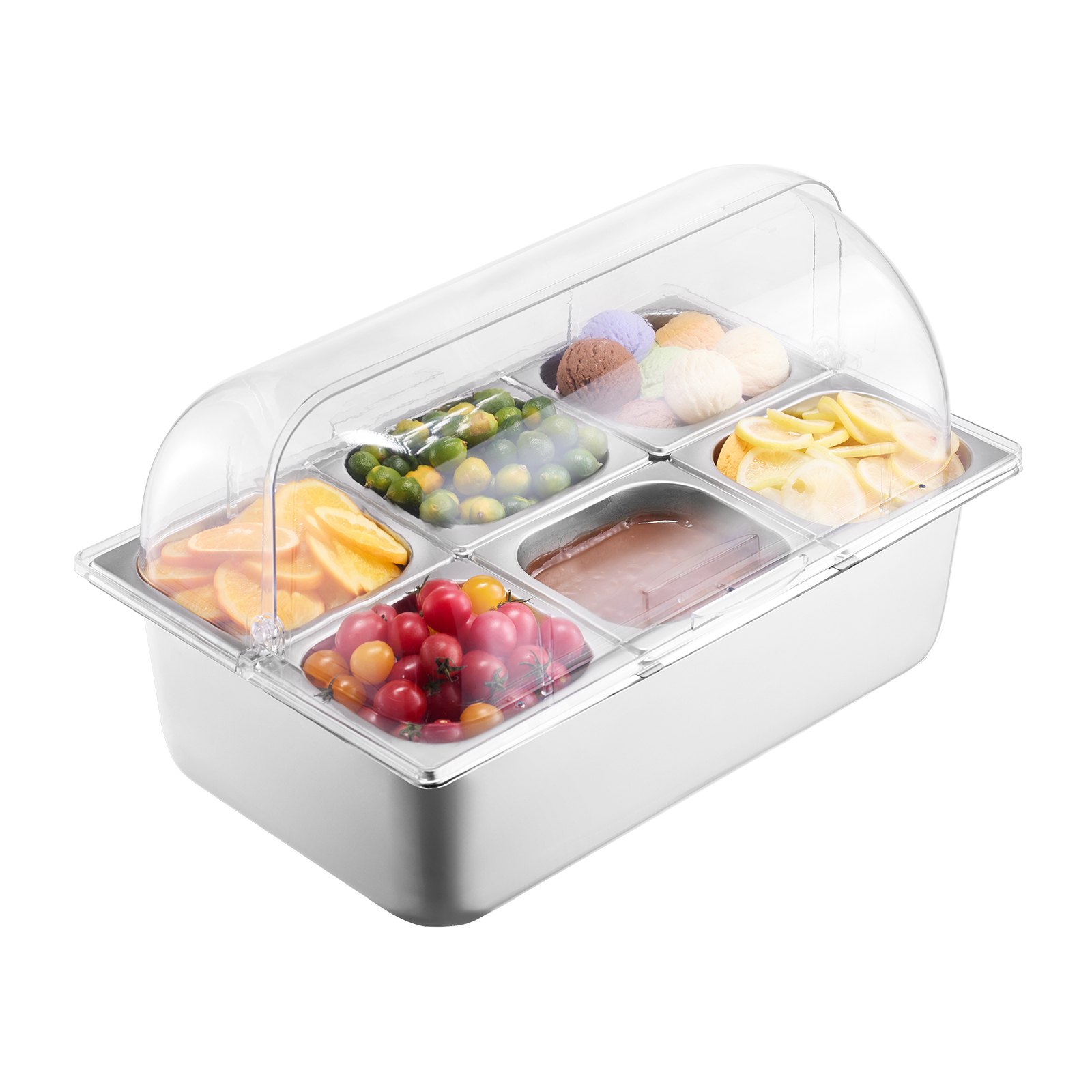 VEVOR Contenedor de Exhibición para Servir Alimentos sobre Encimera, de Acero Inoxidable, con 6 Bandejas, con Tapa Transparente y 3 Cajas, para Restaurante, Hotel, Cocina, 546 x 365 x 310 mm