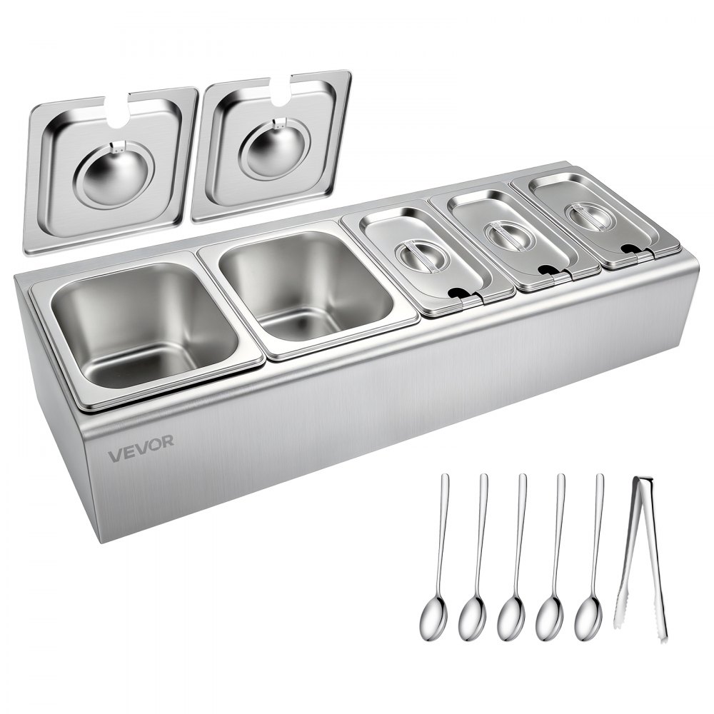 VEVOR Recipiente para Ingredientes de Acero Inoxidable, Contenedor de Ingredientes 5 Rejillas, Cajas de Condimentos con Tapas Independientes, para Cocinas, Restaurantes, Hoteles, 662 x 222 x 165 mm