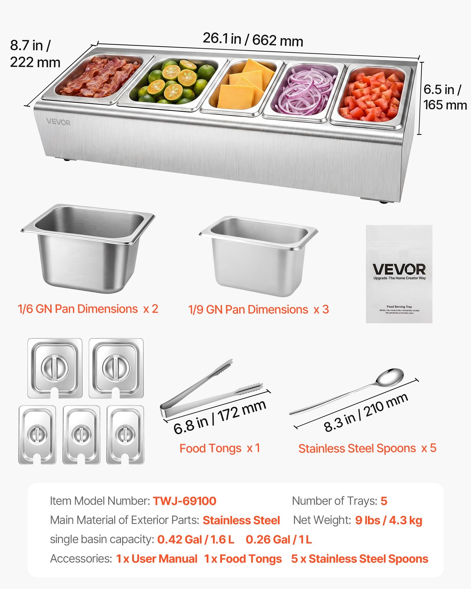 VEVOR Recipiente para Ingredientes de Acero Inoxidable, Contenedor de Ingredientes 5 Rejillas, Cajas de Condimentos con Tapas Independientes, para Cocinas, Restaurantes, Hoteles, 662 x 222 x 165 mm