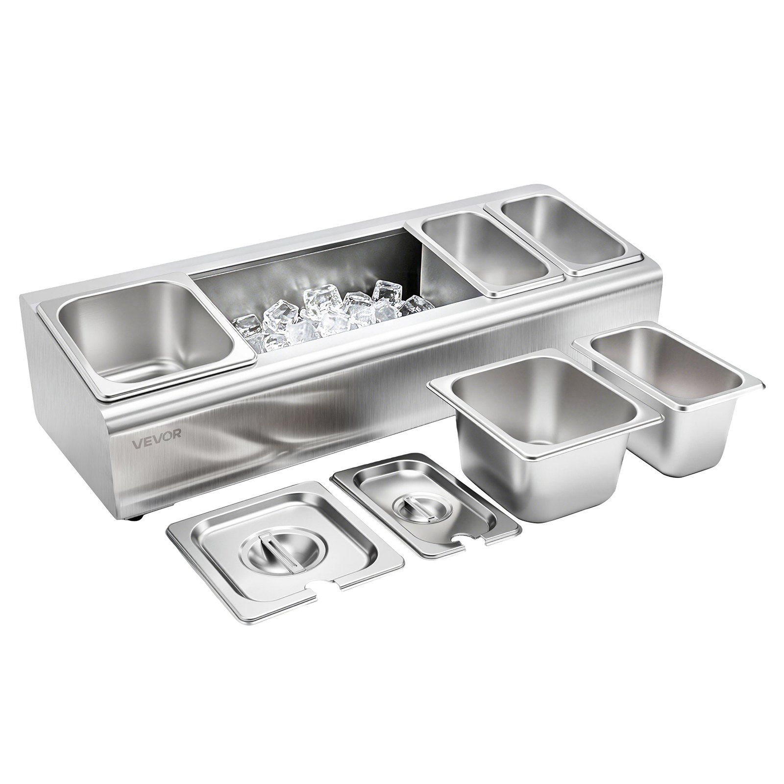 VEVOR Recipiente para Ingredientes de Acero Inoxidable, Contenedor de Ingredientes 5 Rejillas, Cajas de Condimentos con Tapas Independientes, para Cocinas, Restaurantes, Hoteles, 662 x 222 x 165 mm