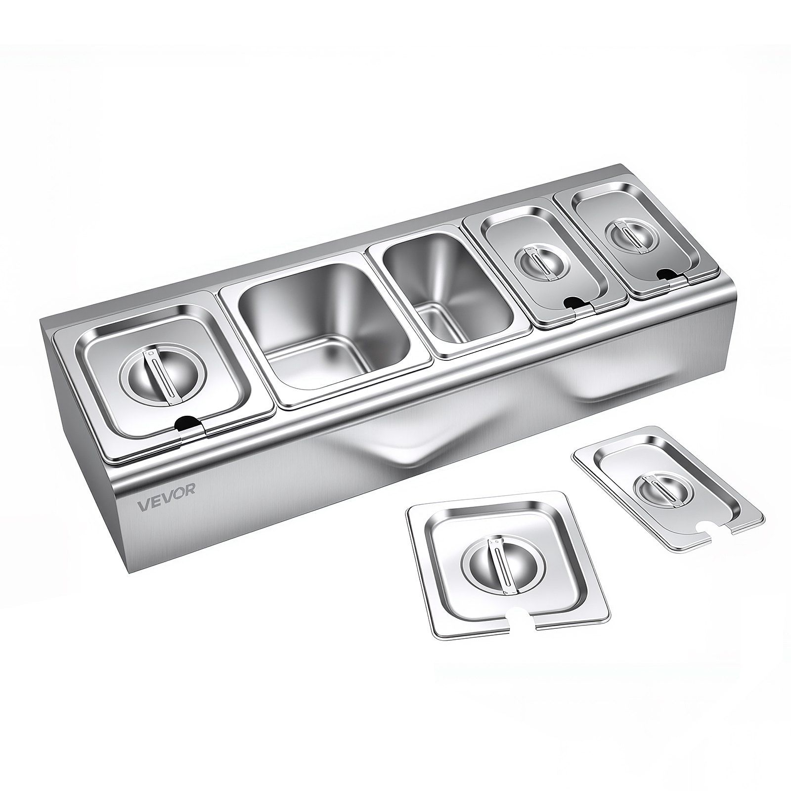 VEVOR Recipiente para Ingredientes de Acero Inoxidable, Contenedor de Ingredientes 5 Rejillas, Cajas de Condimentos con Tapas Independientes, para Cocinas, Restaurantes, Hoteles, 662 x 222 x 165 mm