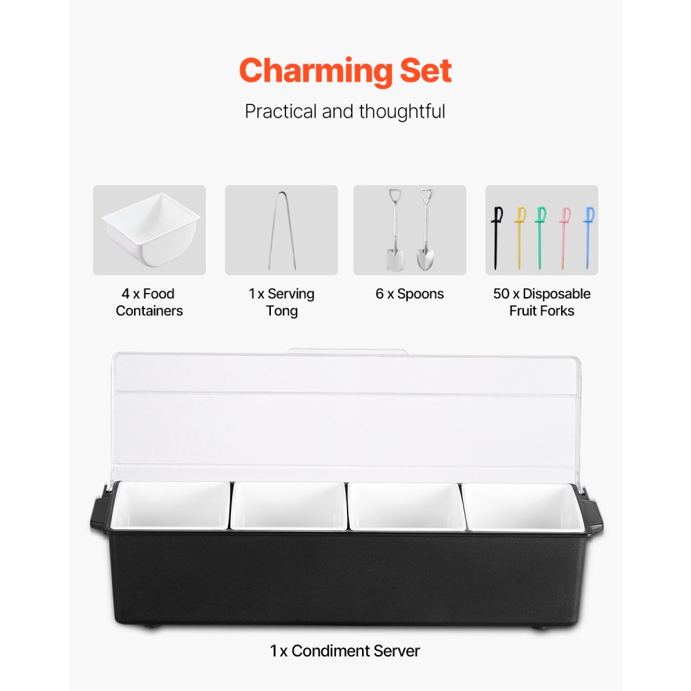 VEVOR chilled spice container, ingredient container with 4 compartments (800 ml x 4), presentation stand with lid, pizza station, pizza topping station, fruit box, serving of tacos, salad, fruit