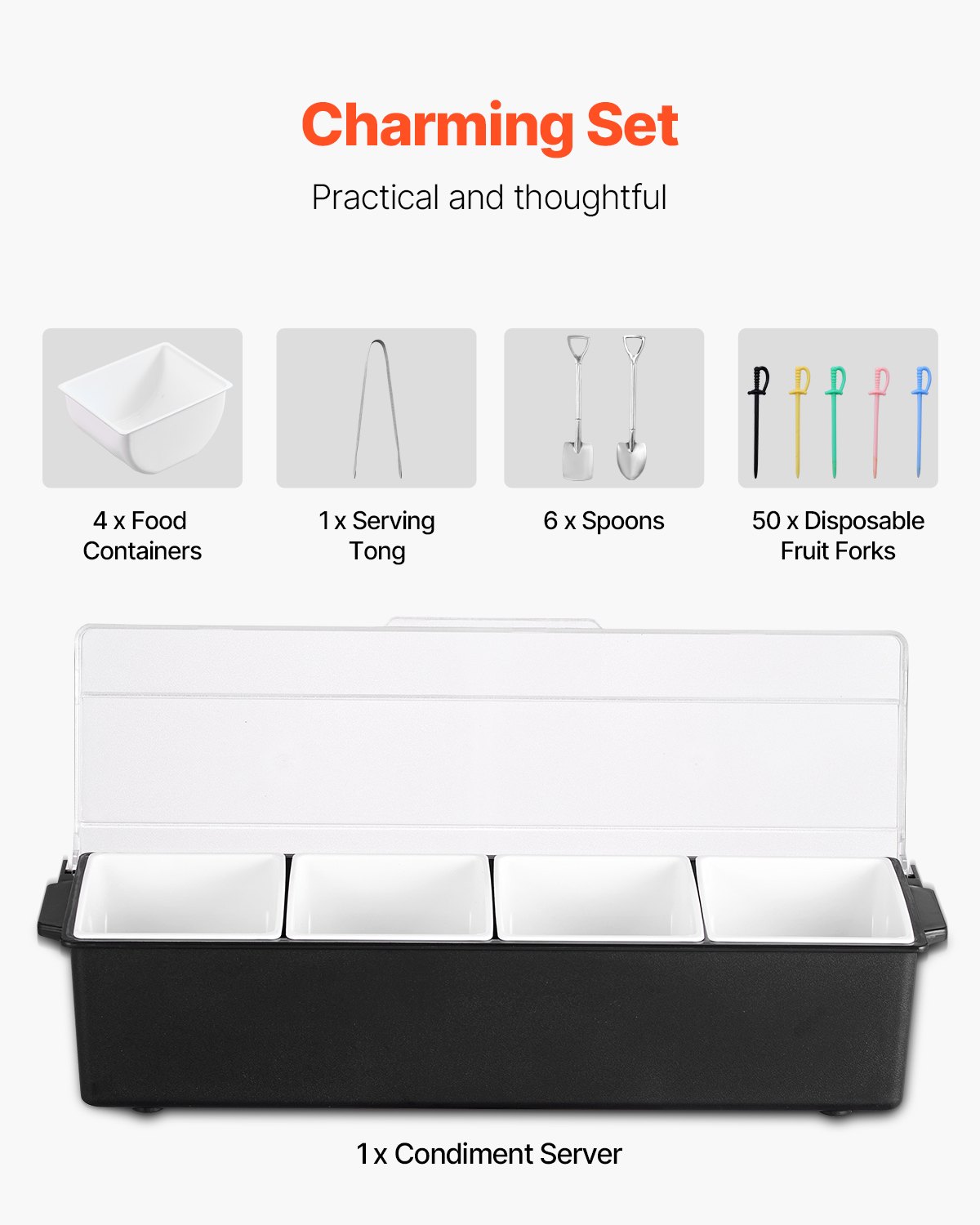 VEVOR Servidor de Condimentos Refrigerado, con 4 Compartimentos, Tapa para Guarniciones Refrigeradas, para Servir Ensaladas, Frutas, Suministros para el Hogar y Restaurantes, 503 x 165 x 117 mm