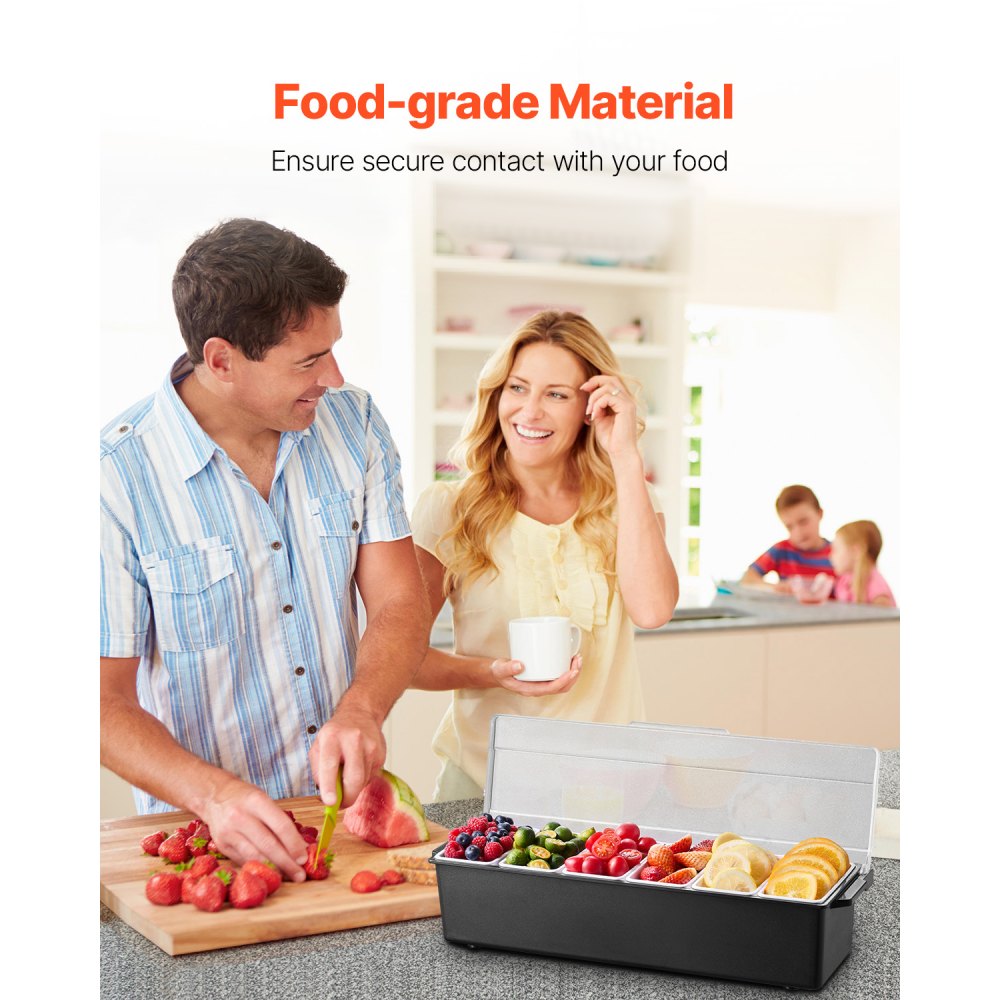 VEVOR Servidor de Condimentos Refrigerado, para Servir Condimentos Refrigerado con 6 Compartimentos, con Tapa para Guarniciones Refrigeradas, para Servir Ensaladas, Frutas, 503 x 165 x 117 mm