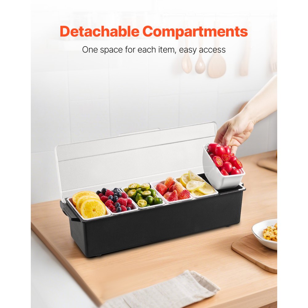 VEVOR Servidor de Condimentos Refrigerado, para Servir Condimentos Refrigerado con 6 Compartimentos, con Tapa para Guarniciones Refrigeradas, para Servir Ensaladas, Frutas, 503 x 165 x 117 mm