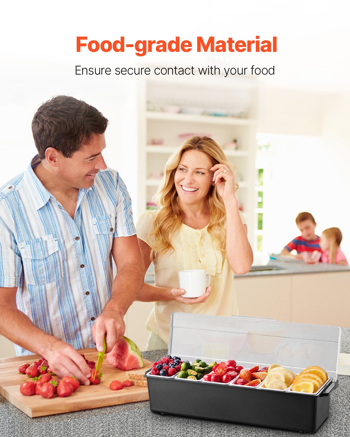 VEVOR Servidor de Condimentos Refrigerado, para Servir Condimentos Refrigerado con 6 Compartimentos, con Tapa para Guarniciones Refrigeradas, para Servir Ensaladas, Frutas, 503 x 165 x 117 mm