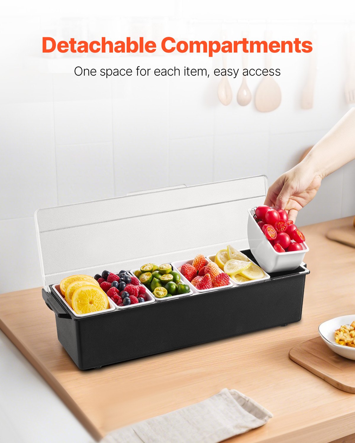 VEVOR Servidor de Condimentos Refrigerado, para Servir Condimentos Refrigerado con 6 Compartimentos, con Tapa para Guarniciones Refrigeradas, para Servir Ensaladas, Frutas, 503 x 165 x 117 mm