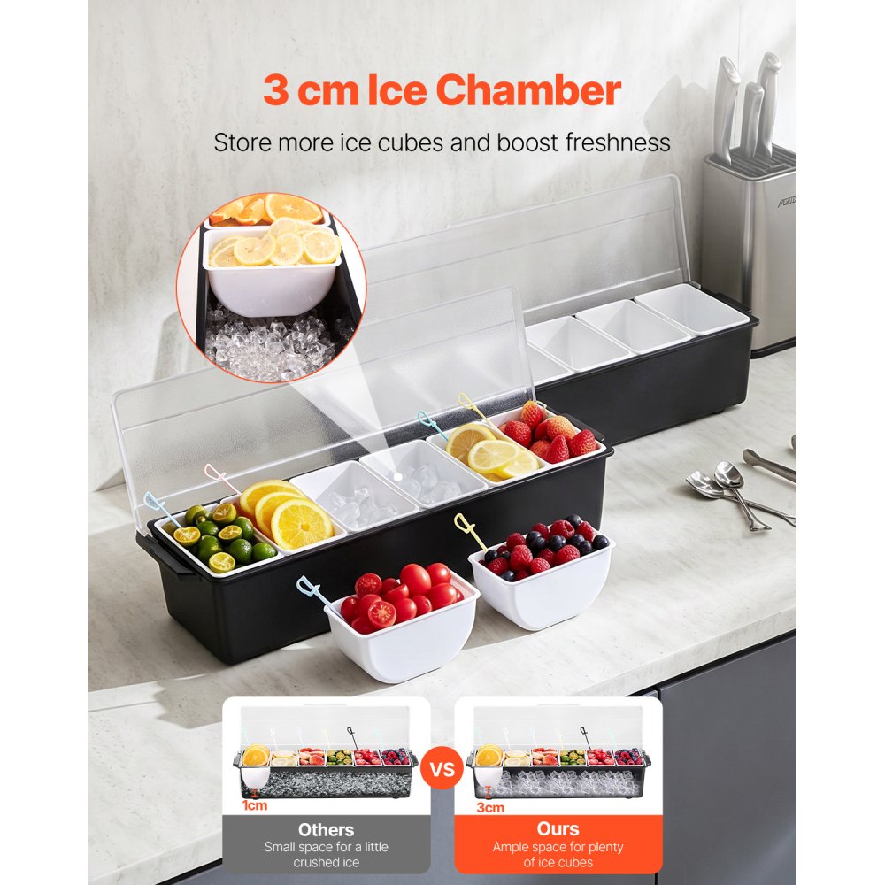 VEVOR Contenedor de Ingredientes de Plástico, 6 Compartimentos, Recipiente para Ingredientes con Tapa Abatible, para Frutas y Verduras, Cajas de Condimentos para Bufé, Restaurantes, Hoteles, Cocinas