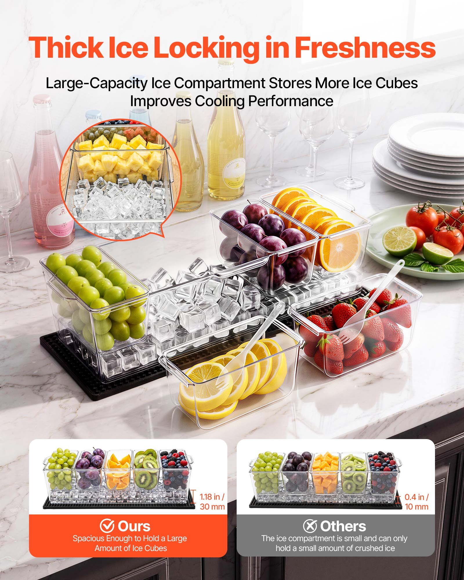 VEVOR Contenedor de Ingredientes de PET, 5 Compartimentos Separados con Tapa, Recipiente para Ingredientes para Frutas y Verduras, Cajas de Condimentos para Bufés, Restaurantes, Hoteles, Cocinas