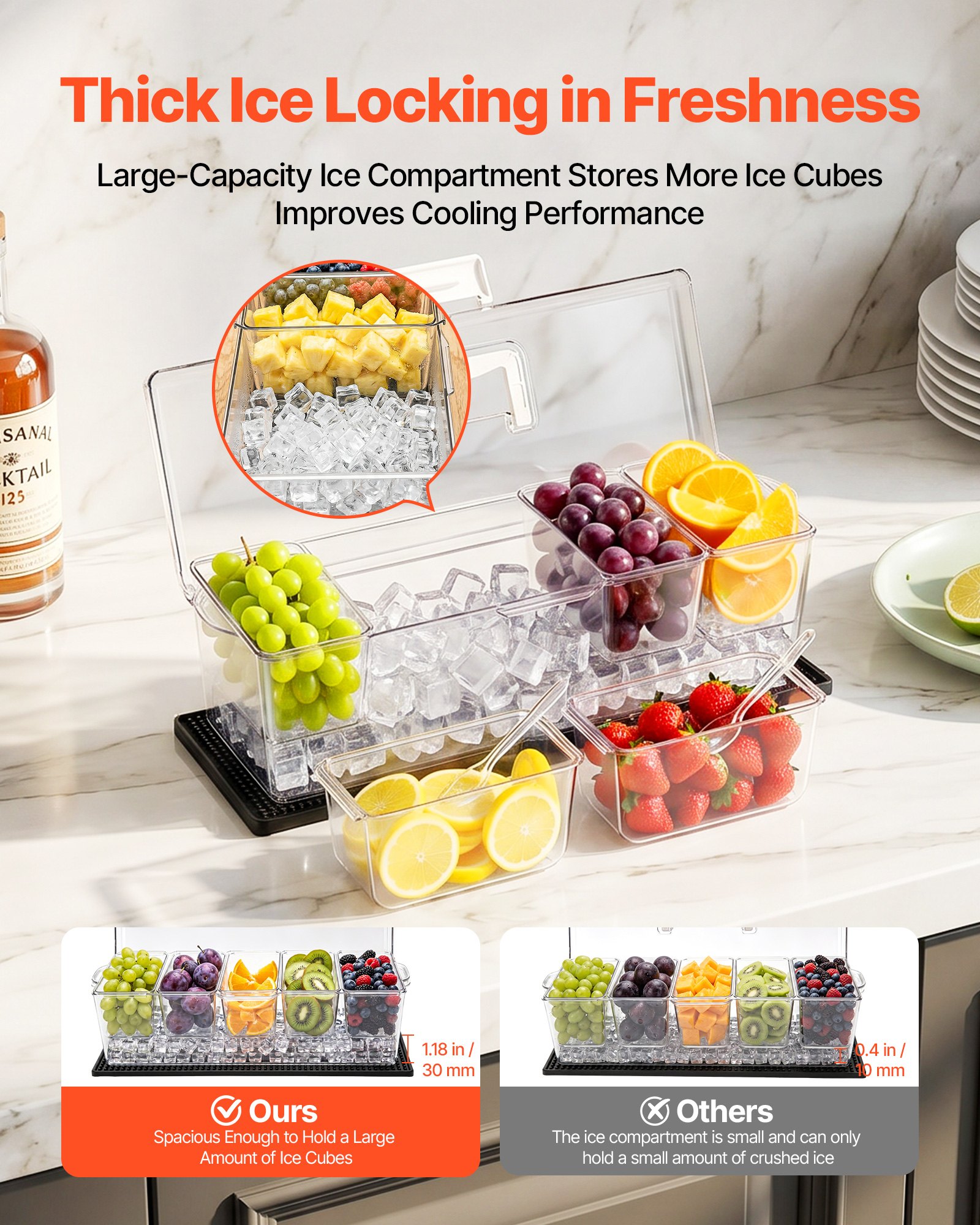 VEVOR Contenedor de Ingredientes de PET, 5 Compartimentos Separados con Tapas y Asa, Recipiente para Ingredientes para Frutas y Verduras, Cajas de Condimentos para Bufés, Restaurantes, Hoteles