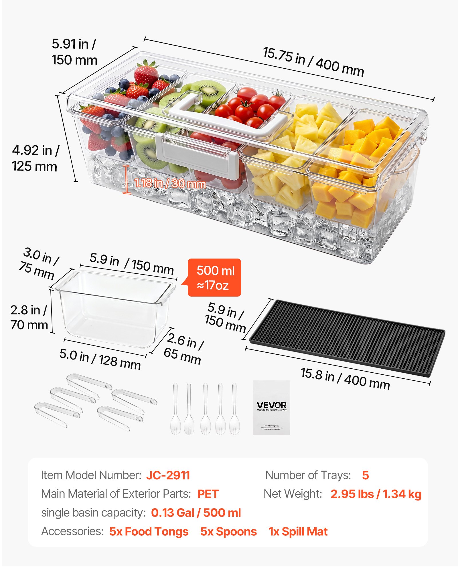 VEVOR Contenedor de Ingredientes de PET, 5 Compartimentos Separados con Tapas y Asa, Recipiente para Ingredientes para Frutas y Verduras, Cajas de Condimentos para Bufés, Restaurantes, Hoteles