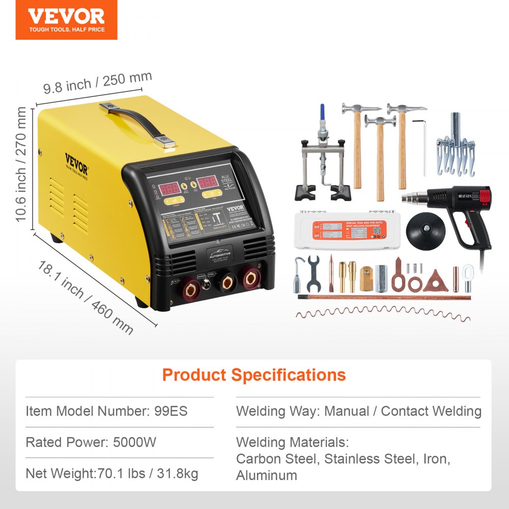 VEVOR Dual Dent Repair Kit Deluxe AL/Fe, 5kW Welder with Automatic/Manual Welding & 10 Modes, Spot Welder for Repairing Steel & Aluminum Car Parts