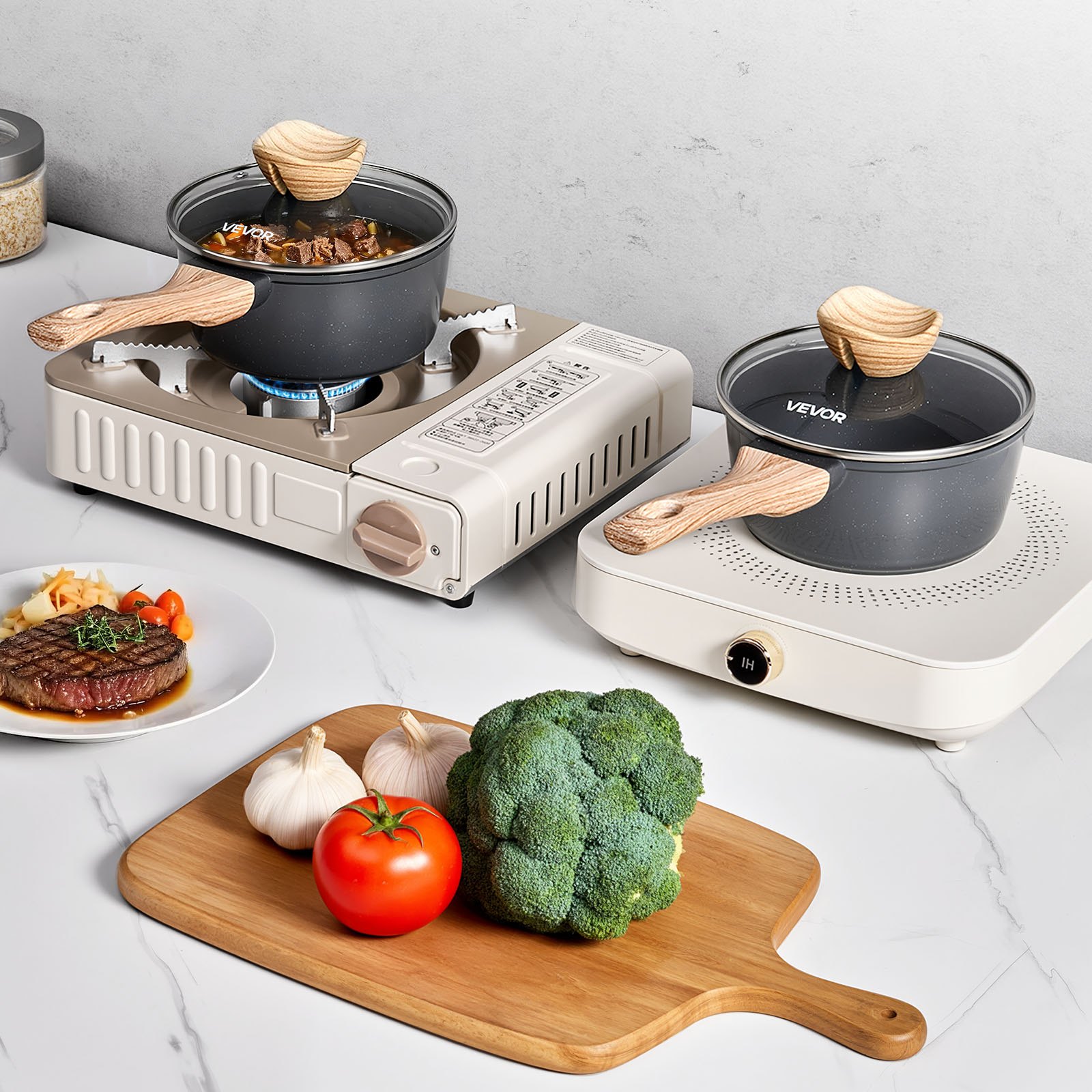 VEVOR Cacerola 1,42 L con Tapa de Vidrio Templado, para Sopa y Verduras con Asa Extraíble, de Aleación de Aluminio, Fácil de Limpiar, con Revestimiento Antiadherente, Negro, 330 x 170 x 130 mm