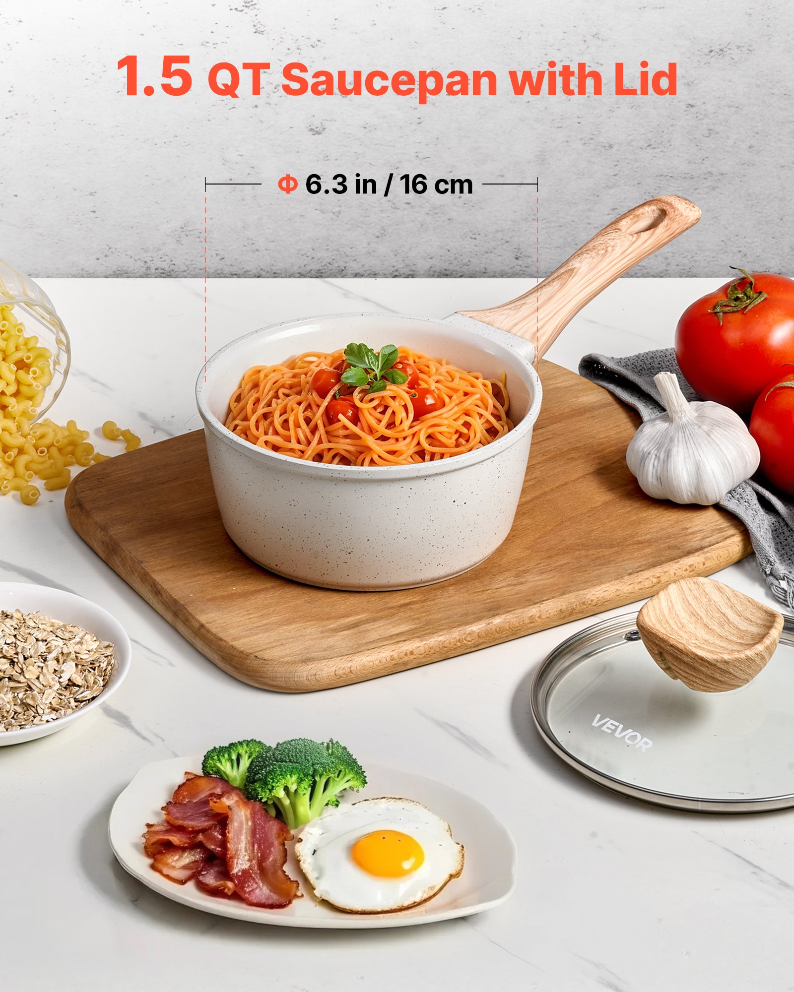 VEVOR Cacerola de 1,42 L con Tapa de Vidrio Templado, con Asa Extraíble, de Aleación de Aluminio, para Leche y Verduras, Recubrimiento Antiadherente, Color Blanco Crema, 330 x 170 x 130 mm, 1 ud