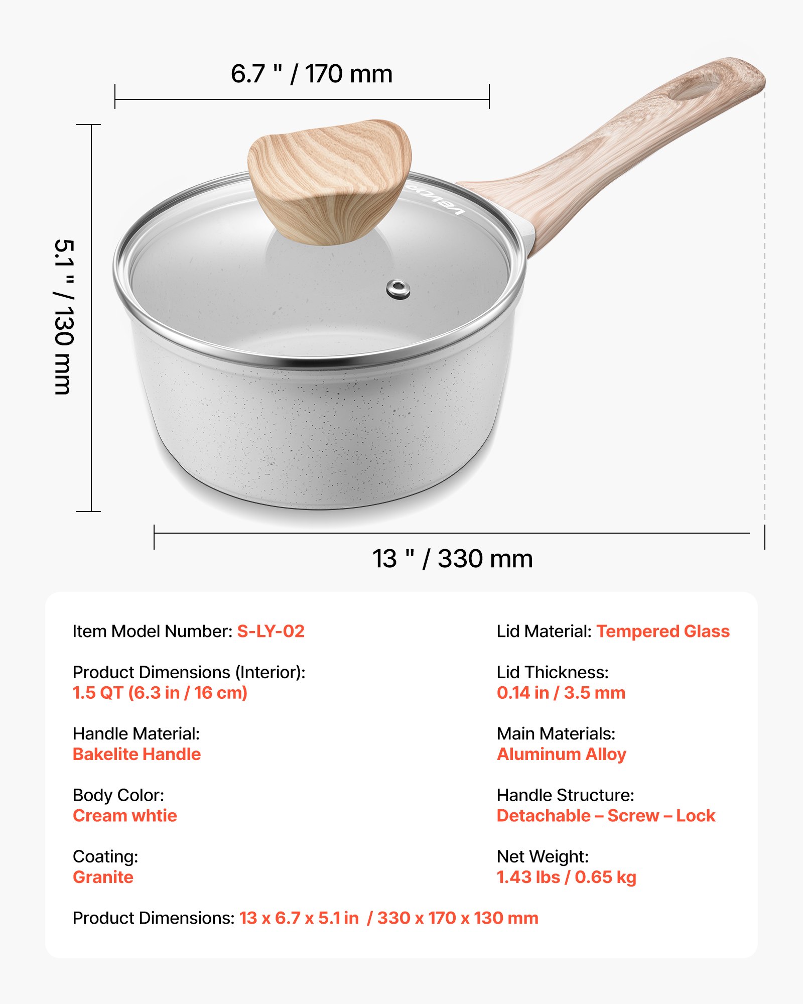 VEVOR Cacerola de 1,42 L con Tapa de Vidrio Templado, con Asa Extraíble, de Aleación de Aluminio, para Leche y Verduras, Recubrimiento Antiadherente, Color Blanco Crema, 330 x 170 x 130 mm, 1 ud